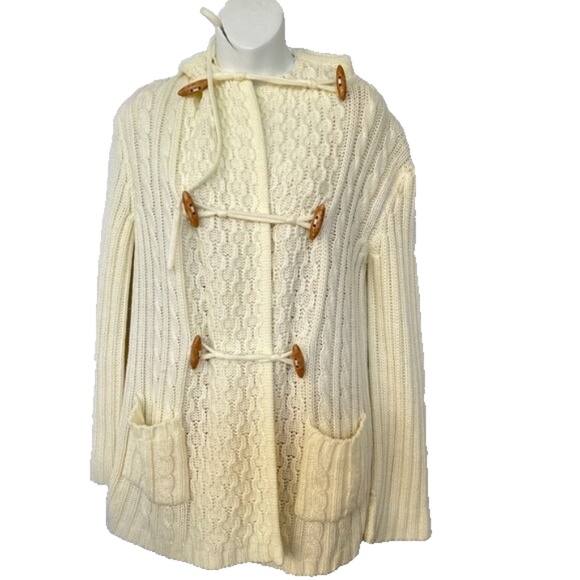 VTG Cardigan Sweater Barbra Sue Size M Toggles Hood Pockets Cream Cables - Picture 1 of 5